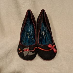 Irregular Choice Black Slippers with Red and Gray Details